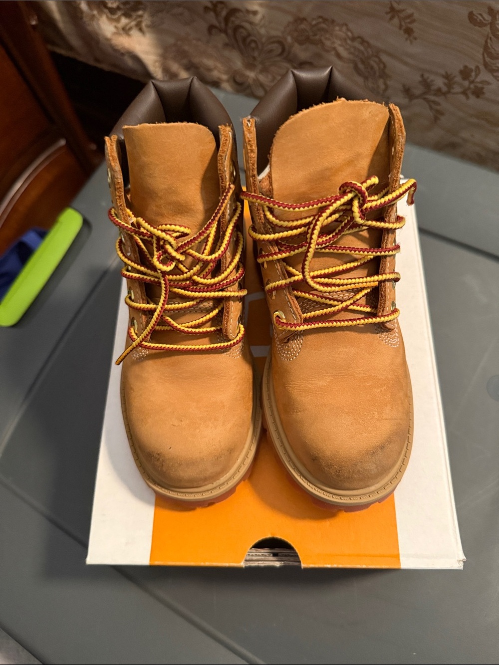 Timberland Kids Wheat/Tan Boots with Yellow & Burgundy Laces